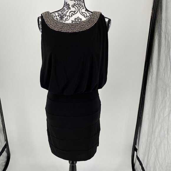EUC Cachet Beaded Neck Keyhole Back Drop Waist Black Dress. Formal, Prom. Size S - Picture 2 of 10